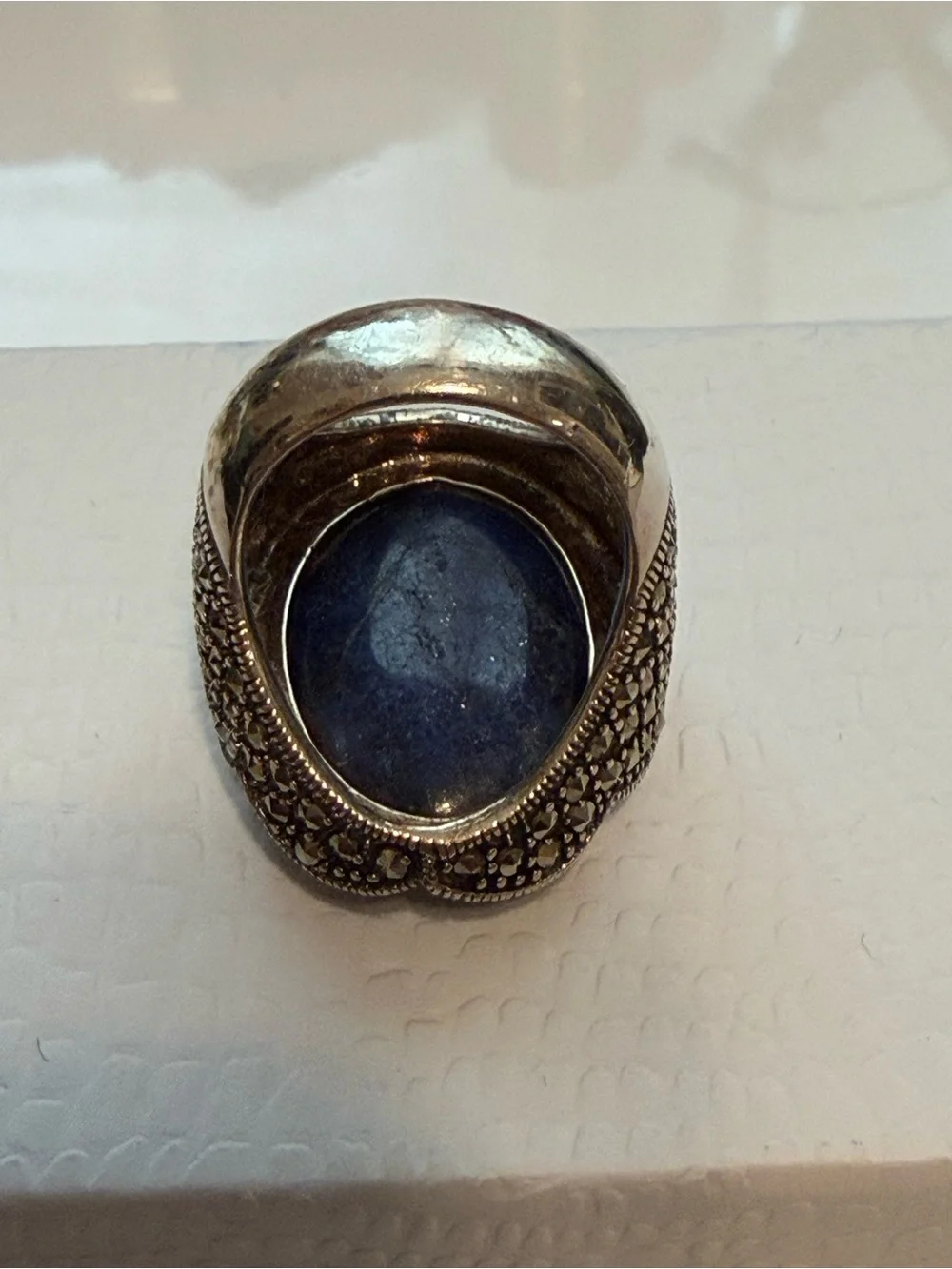 Vintage art deco, Victorian, Marcasite lapis Sterling silver ring